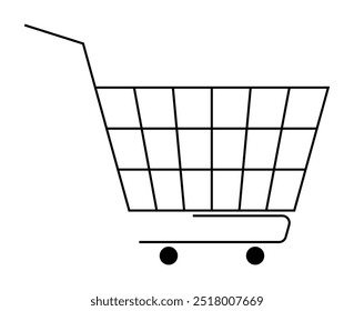 Minimalistic black and white shopping cart with handle and wheels. Ideal for retail, ecommerce, shopping, market research, consumer behavior. Simple line drawing style.