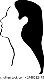 Pictograma simple minimalista en blanco y negro de una chica con el pelo largo. Pegatina o tatuaje moderno y elegante. Líneas negras dibujadas a mano, fondo beige. Icono estético y elegante. Vector EPS 10
