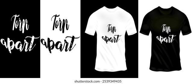 Minimalistisches Schwarz-Weiß-T-Shirt-Design mit emotionaler 'zerrissener' Kalligrafie in fett geschriebenem Text