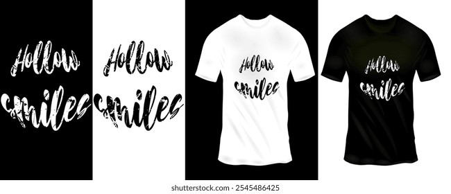 Minimalista Preto e branco T-Shirt Mockup Exibindo negrito 'Hollow Smiles' Grunge Estilo Tipografia Design