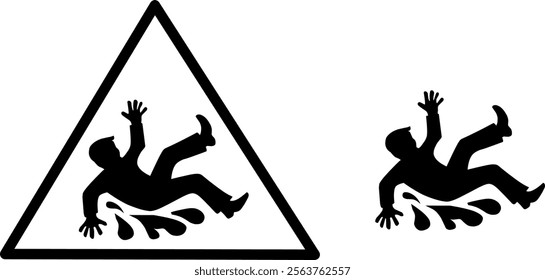 Minimalistic black and white vector of a caution sign indicating a slippery floor hazard, designed for safety warnings