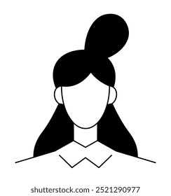 Un Vector minimalista en blanco y negro de una mujer sin rostro con el pelo largo atado en un moño con estilo. Lleva una camisa con cuello. Ideal para iconos de perfil, avatares de usuario, Diseño web, interfaces de App y