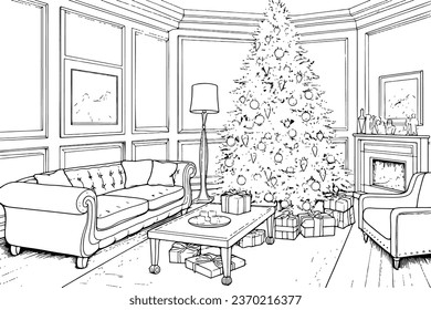 A minimalistic black and white vector illustration of a festive Christmas interior, capturing the essence of the holiday season