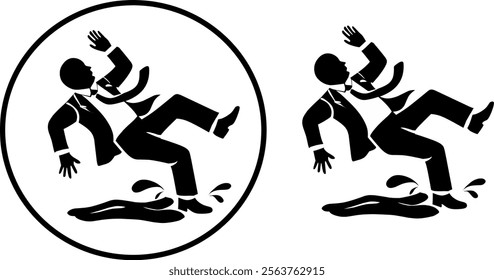 Minimalistic black and white vector illustration of a caution sign warning about slippery floors