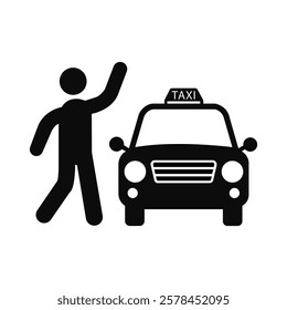 Minimalistic black and white vector illustration of a person raising their hand to hail a taxi. Suitable for transportation, travel, or urban mobility concepts.
