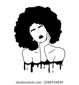 Minimalistic black and white vector illustration of a woman with voluminous afro hair and a melting effect. Perfect for modern art, fashion designs, and beauty concepts.