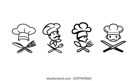 Minimalistic black and white vector illustration with a set of chef icons.
 Images of a chef's hat, men in chef hats, and kitchen utensils - knives, forks and spoons arranged crosswise.
