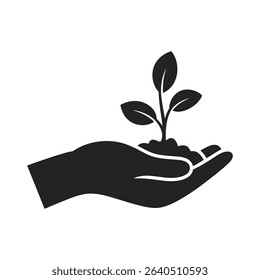 A minimalistic black and white vector illustration depicts a hand carefully holding a tiny plant seedling. This design elegantly symbolizes growth, environmental care, and sustainability.