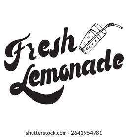 Minimalistic black and white vector illustration of Fresh Lemonade and contour drawing of a glass of lemonade for vintage and retro designs, packaging, flyers, labels in monochrome style.
