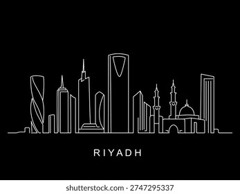 Minimalistic black and white vector illustration depicting a cityscape with a horizontal line depicting Riyadh, Saudi Arabia. Flat vector illustration isolated on a white background.