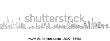 A minimalistic black and white vector illustration of a continuous city skyline featuring iconic landmarks from around the world, including Paris, London, New York, and Istanbul. 