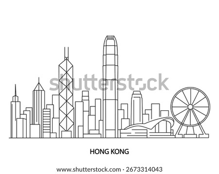 Minimalistic black and white vector illustration of continuous city skyline with iconic landmarks of Hong Kong, China