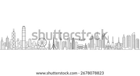 Minimalistic black and white vector illustration of continuous city skyline with iconic landmarks of Asia including Bangkok Thailand, Hong Kong China, Tokyo Japan