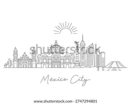 Minimalistic black and white vector illustration depicting a continuous cityscape featuring iconic landmarks of Mexico City, Mexico. Flat vector illustration isolated on white background.