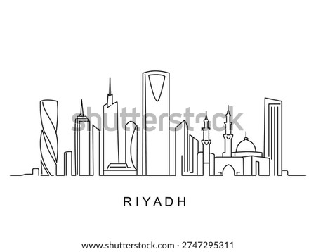 Minimalistic black and white vector illustration depicting a cityscape with a horizontal line depicting Riyadh, Saudi Arabia. Flat vector illustration isolated on a white background.
