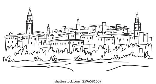 minimalistic black and white vector skyline of a historical European city, perfect for travel brochures, posters, urban-themed projects or websites