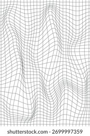 Patrón de cuadrícula ondulada minimalista en blanco y negro que crea un efecto de ilusión óptica 3D. El diseño presenta líneas suaves y curvas que se doblan y distorsionan a través de la superficie, evocando una sensación de profundidad.