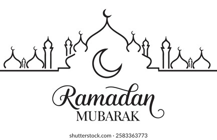 Minimalistic black-and-white design featuring a crescent moon, elegant mosque domes, and the text "Ramadan Mubarak" in a stylish font. Perfect for Islamic festive greetings, Ramadan cards, 