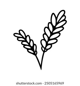 A minimalistic black-and-white hand-drawn illustration featuring two stalks of wheat with detailed kernels