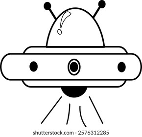 A minimalistic black-and-white illustration of a futuristic UFO spaceship. The design features a classic dome shape with antennas and beams of light, giving it a playful and mysterious vibe. Ideal for