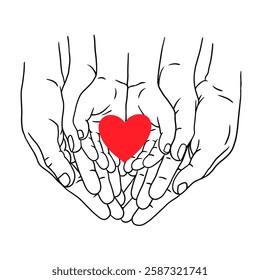 Minimalistic black-and-white line art of multiple hands gently holding a red heart. Symbolizing love, care, protection, support, and family bonds. Perfect for charity, relationships, and kindness them