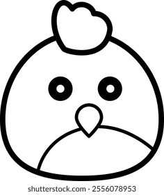 Minimalistic black-and-white line drawing of a chicken's face, featuring a rounded head, comb, circular eyes, and a beak in the center. Ideal for logos, icons, and educational materials.