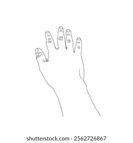 A minimalistic black-and-white line drawing of a human hand, viewed from the top. The hand is depicted with all five fingers extended and outlined with simple, clean lines against a white background