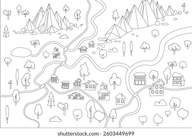 Minimalistic black-and-white linear drawing of a map with mountains, valleys, rivers, lakes, trees, houses and roads. Child's hand drawing. Top view. View from above.