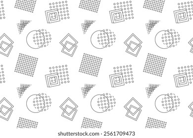 Minimalistic black-and-white seamless pattern featuring geometric shapes like squares, circles, and dots. Perfect for coloring pages, children s activities, or abstract design projects.