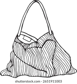 Minimalistic black-and-white sketch of a striped fabric tote bag in line art style. Perfect for eco-friendly lifestyle illustrations.