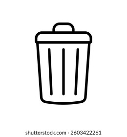A minimalistic black-and-white trash bin icon representing waste disposal, cleaning, and trash management. Commonly used for delete buttons, recycling signs, and garbage-related concepts.