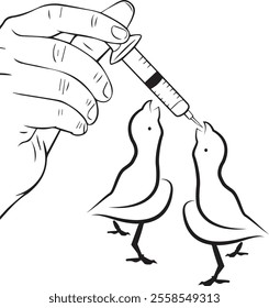 A minimalistic black-and-white vector illustration depicts a tender moment where two baby birds are being fed with a syringe. The scene captures the essence of care and nurturing,