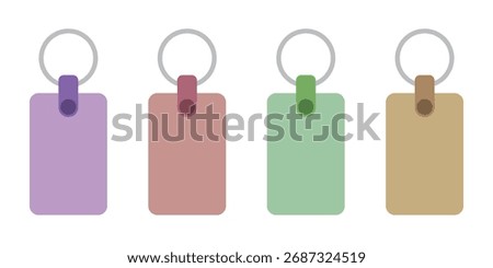 Minimalistic blank mockup name tag keychain with circular hoop ring for bag or luggage attachment. Keychain name holder for backpack and baggage. Business, travel, and identity icon symbol sticker. 