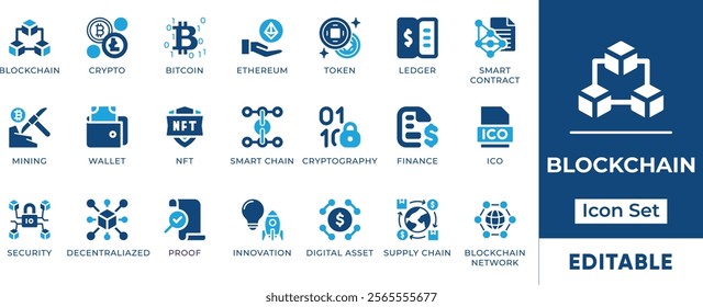 Minimalistic blockchain icon set featuring cryptocurrency, smart contracts, wallets, NFTs, and digital assets. Perfect for fintech, tech, and crypto designs.