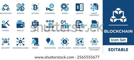 Minimalistic blockchain icon set featuring cryptocurrency, smart contracts, wallets, NFTs, and digital assets. Perfect for fintech, tech, and crypto designs.