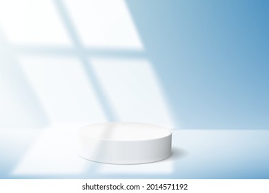 Minimalistic blue background with empty podium for product demonstration and light from the window.
