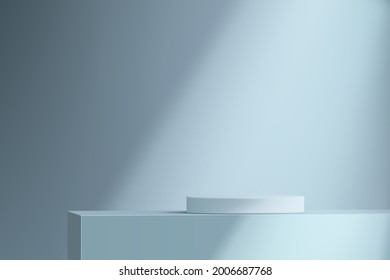 Minimalistic blue background with a pedestal. Empty cylindrical podium for product demonstration with a beam of light.