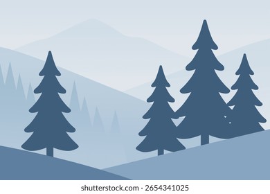 A minimalistic blue landscape featuring evergreen trees and soft hills. This serene scene showcases tranquility in nature, perfect for backgrounds and designs.