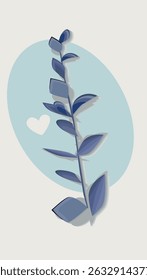 Minimalistic blue leaf branch illustration with soft shadows and a heart shape on a light blue oval background, perfect for modern design and nature-themed projects.
