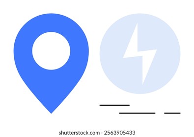 Minimalistic blue location pin next to a light blue lightning bolt icon inside a circle on a white background with black lines beneath. Ideal for navigation apps travel energy themes technology