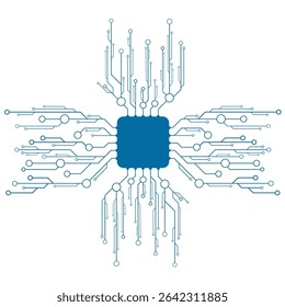 Minimalistic blue microchip connected to a futuristic circuit network on white background. Computing and electronics elements with futuristic semiconductor. Vector illustration.