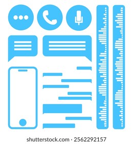 Minimalistic blue vector design elements for messaging and voice communication apps, including message bubbles, microphone, sound waves, phone icons, and smartphone interface