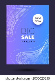 plantilla de vector azul minimalista para banner con rejilla de líneas blancas delgadas y pegatinas y letras de gran venta
