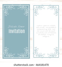 Minimalistic blue with white. greeting card template small flowers background. Design stationery set in vector format. Wedding card or invitation, shabby chic