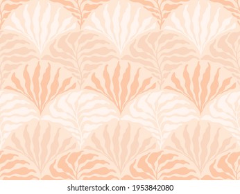 Minimalistic boho seamless pattern with mid-century style leaves in an earthy palette. Modern aesthetic background with trendy leaves for wallpaper, wrapping paper in beige and white colors.