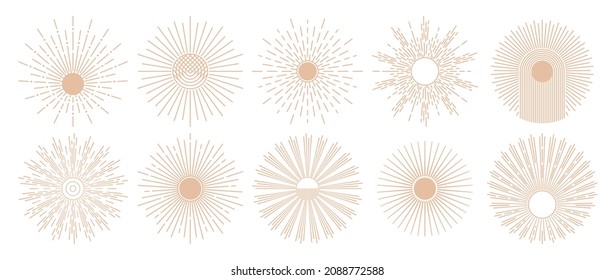 Minimalistic boho sun. Line art sunburst, radial rays in bohemian style and vintage suns vector illustration set