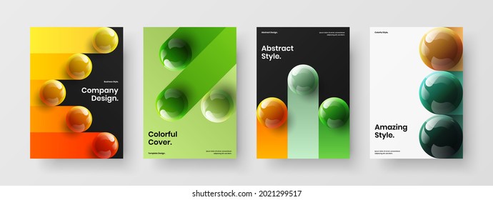 Minimalistic booklet A4 vector design illustration composition. Trendy 3D spheres journal cover template collection.