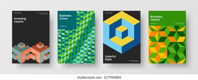 Minimalistic booklet vector design concept set. Clean mosaic hexagons journal cover layout bundle.