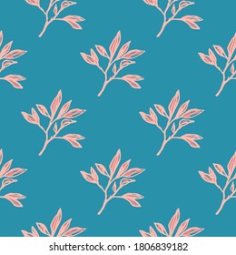 Minimalistic botanic outline branches seamless pattern. Pink contoured floral silhouettes on bright blue background. Designed for wallpaper, textile, wrapping paper, fabric print. Vector illustration.