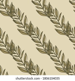 Minimalistic botanic seamless pattern with autumn leaf branches. Brown floral elements on light beige background. Decorative backdrop for wallpaper, textile, wrapping, fabric. Vector illustration